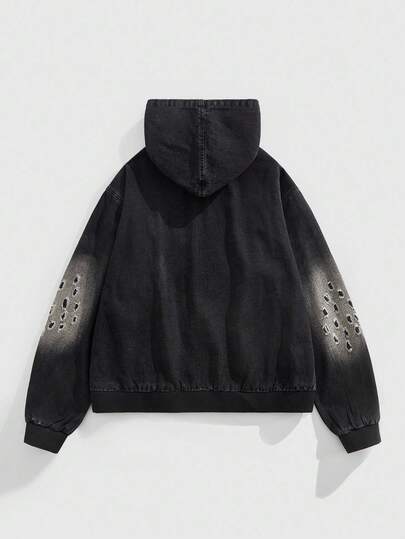 Grunge Punk Men's Casual Ripped Hooded Denim Jacket With Zipper Front, Autumn