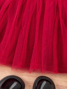 Vestido elegante y lindo de manga larga con malla y sombrero para bebé niña - Rojo - Ver 3