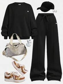 SHEIN Girlism 少女休闲/校园、返校、运动/圆领/刺绣/猪鼻扣/松紧下摆/连帽衫/运动裤/两件套/波西米亚风/街头服饰~套头衫~运动服~舒适 - 黑色 - 查看 3