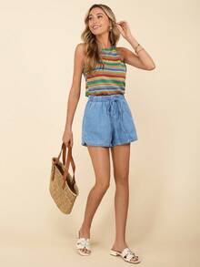 Coeurva Drawstring Waist Slant Pocket Denim Shorts - Light Wash - View 5