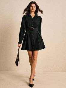 Poéselle Vestido mini elegante de mujer de unicolor con botones en la cintura - Negro - Ver 2
