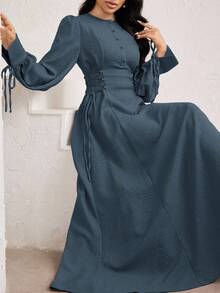 Veilorie Váy đầm phong cách Ả Rập buộc chéo eo màu trơn thanh lịch dành cho nữ - màu xanh lá - Xem 3