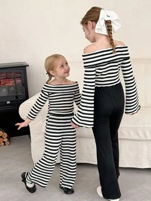 LMoss Kids LMoss  2pcs Tween Girl Knit Striped Off-Shoulder Casual T-Shirt And Flare Pants Set Teen Girl Pants Set Tween Girl Bell Bottom And Top Set Girls Bell Bottom Outfit Tween Girl Wide Leg Pants,Jumpers,Winterclothes For Kids,Autumn Outfit,,Teen Girls Outfit Sets Fall - Black and White - View 2