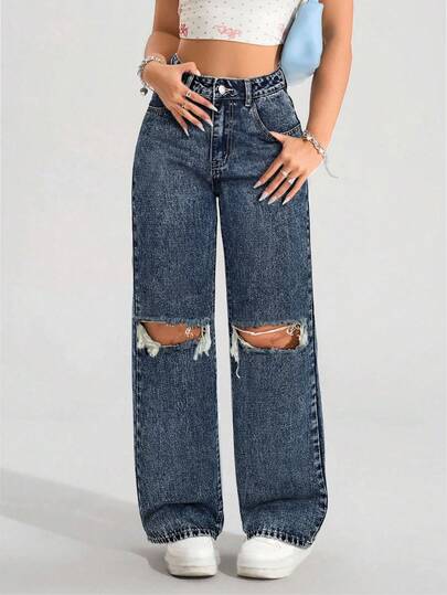 SHEIN PETITE Women's High Waist Pocketed Distressed Wide Leg Loose Casual Denim Jeans