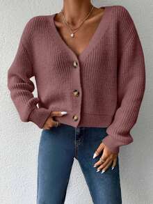 Women Solid Color Drop Shoulder Long Sleeve Single-Breasted Casual Loose Cardigan