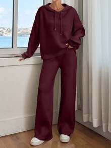 EURMUSE Women Solid Color Drop Shoulder Hooded Pullover & Sweater Pants Set Burgundy - Burgundy - View 4