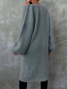 EURMUSE 女士休闲纯色灯笼袖开衫，秋冬 - 灰色 - 查看 2