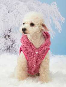PETSIN 1pc Plush Peach-Red Pet Lamb Wool Hooded Jacket - Hot Pink - View 5