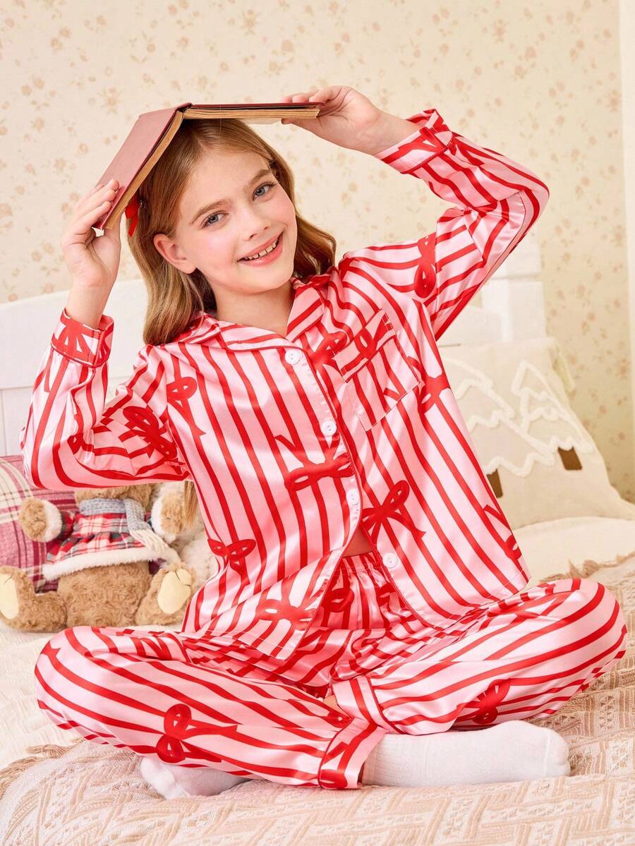 SHEIN 女童蝴蝶结条纹印花睡衣套装（翻领和长裤） - 紅色 - 查看 1