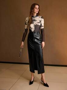 MOTF CAMISETA DE MANGA LARGA AJUSTADA CON CUELLO ALTO DE MALLA TRANSPARENTE Y ESTAMPADO FLORAL - Blanco y Negro - Ver 4