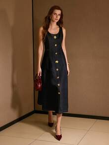 MOTF SCOOP NECK METAL DETAIL FLARE HEM DENIM DRESS - Dusty Blue - View 4