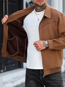 Manfinity Homme 男士拉链麂皮夹克，摩托车夹克，纯色，长袖，外出，休闲，男友礼物 男士休闲夹克 男士拉链夹克 男士棕色麂皮夹克 棕色夹克 男士飞行员夹克 抓绒 - 棕色 - 查看 8