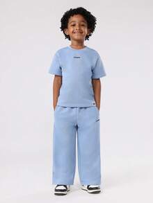 SUMWON Studios Boys Two Piece Co-Ord Set Casual Wide Leg Pants Sweatshirt Outfit For Spring Summer Fall Casual Everyday Wear - Dusty Blue - View 2