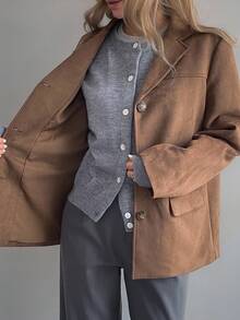 DAZY 女士翻领仿麂皮宽松休闲西装外套商务装 - 咖啡棕 - 查看 2