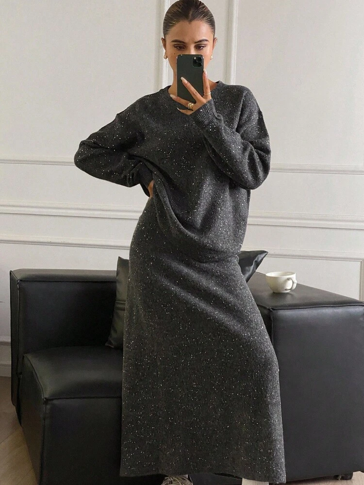 Women's Loose Fit Crew Neck Sweater And Straight Sequin Skirt 2-Piece Set, Casual And Elegant Minimalist Design Fall/Winter