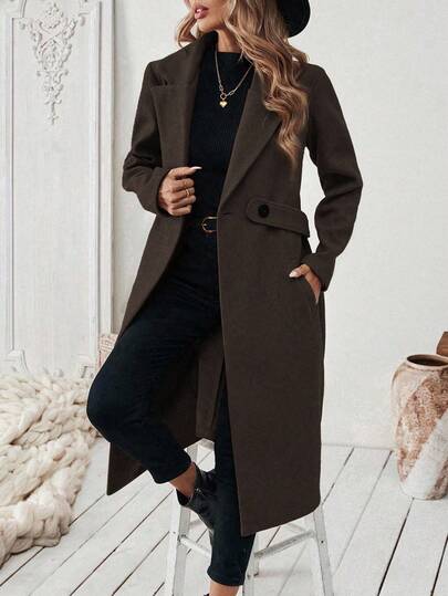 Vionelle Plus Size Women Classic Casual Minimalist Lapel Cinched Waist Button Pocket Mid-Length Coat, Autumn/Winter Long Jacket For Women Long Coat For Women Brown Long Coat Trench Coat Women Brown Outfits For Women