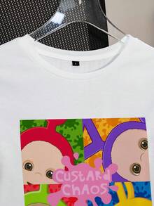 Teletubbies X SHEIN Women Casual Loose Round Neck Cartoon Graphic Short Sleeve T-Shirt, Suitable For Summer