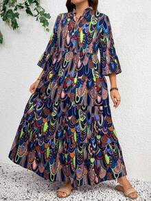 SHEIN LUNE 大码女式休闲度假花卉印花七分袖连衣裙 - 紫色 - 查看 5