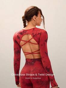 GLOWMODE Seamless Fitted Long Sleeve Crop Tee With Lace-Up Back Light Support Low Impact Yoga Pilates Daily Gym - Redwood - View 5