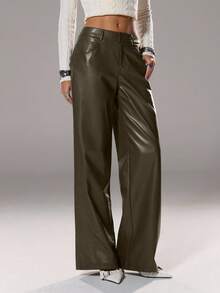 SHEIN Unity Casual Solid Color PU Straight Pocket Zipper Long Pants, Suitable For Daily Wear - Brown - View 5