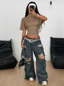 Coolane 女式夏季简约 Y2K 基本款日常休闲返校街头风弹力白色宽松褶皱短款 T 恤 - 卡其色 - 查看 3