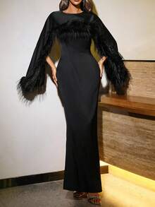 INAWLY 标准尺寸女式圆领斗篷袖修身优雅连衣裙 - 黑色 - 查看 6