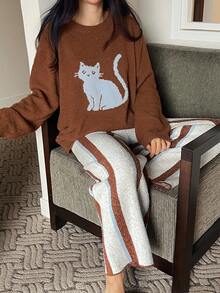 DAZY 2pcs Women Cat & Striped Pattern Loose Long Sleeve Knit Pajama Set, Autumn/Winter, Fall Clothes - Brown - View 8