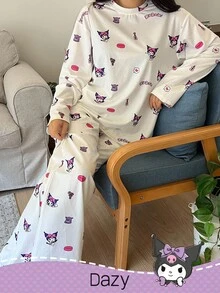 DAZY HELLO KITTY AND FRIENDS | SHEIN 卡通图案圆领长袖上衣和宽松长裤女士睡衣套装，秋冬服装 - 白色 - 查看 5