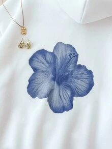 SHEIN 少女白色休闲连帽运动衫，带口袋，十字设计，秋冬季百搭长袖套头衫 - 白色 - 查看 6