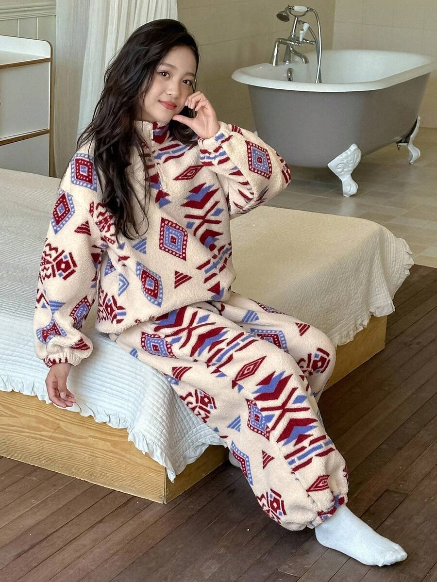 DAZY Tween Girls Geometric Pattern Collar Zip-Up Loungewear Set, Fall