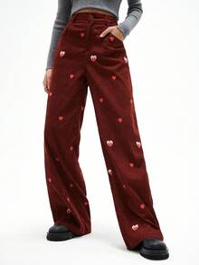 Calça reta de perna larga com bordado de coração em veludo, design retrô americano casual, solto, para outono/inverno - Castanho - Visão 4