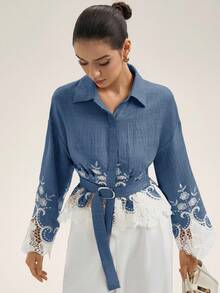 Aveloria Rosie Elegant British Style Waist Cinched Women's Shirt, Hollow Embroidered Hem, Long Sleeve Blouse For Commuting - Blue - View 4