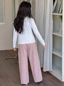 DAZY Set de pijama pentru fete preadolescente, cu imprimeu de fundă, guler rotund, mânecă lungă și pantaloni în culori contrastante - alb - Vizualizare 5