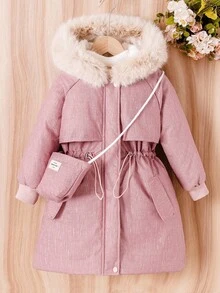 SHEIN 女童粉色连帽毛领收腰修身棉服外套，保暖内衬，加厚，配有配件包，适合户外、休闲、校服，秋冬 - 粉色 - 查看 7