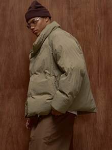 Musero Oversized Slightly Cropped Fit Asymmetrical Zip Through Fastening Puffer Hoodless Coat Funnel Neck Jacket /Premium Spring&Summer - Army Green - View 3