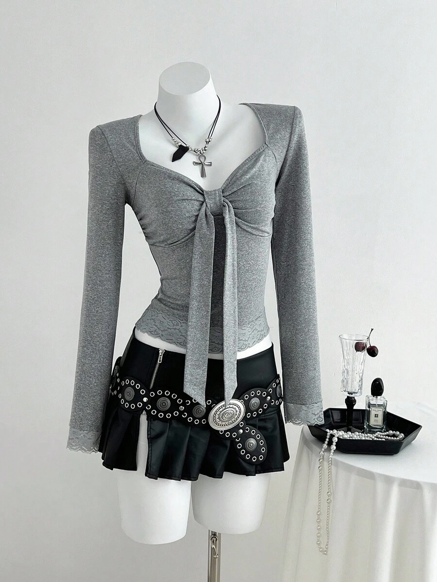 SHEIN Unity 1pc Women's Grey Lace Patchwork Sweetheart Neck Ruched Decor Stretchy Knit Top, Warm Lining, Elegant Vintage Style For Daily, Commute, Casual Wear - Grey - View 1