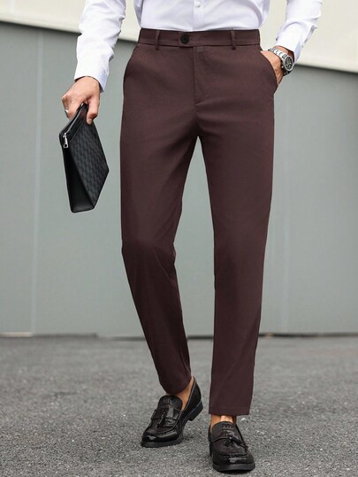 Manfinity Mode Solid Color Suit Pants For Men, Suitable For Commuting, Leisure And Business Travel,Suitable For New Year Holidays, Gift For Boyfriend Burgundy Pants Men Slacks For Men Brown Dress Pants Men Men Slim Fitted Elastic Pants Pants For Men Elegant