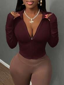 Slaydiva Áo khoác co giãn đơn giản, thoải mái dành cho nữ mùa thu đông, có khóa kéo nửa cổ, cổ chữ V và tay dài bó sát - B - Màu Đỏ Sâu - Xem 4