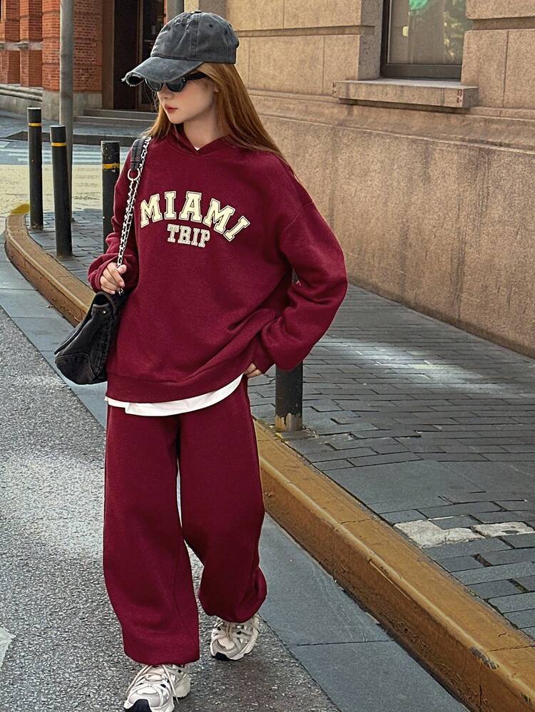 Teen Girl Casual Letter Print Dropped Shoulder Loose Hoodie And Sweatpants Set, Suitable For Spring/Autumn Daily Commute And Sports