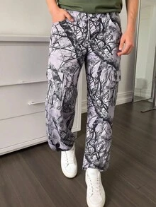 Tween Boys Loose Straight Leg Washed Denim Jeans,Branch Print Multi-Pocket Cargo Style,Gray,Summer,Streetwear,School,Back-To-School Casual Pants - Army Green - View 3
