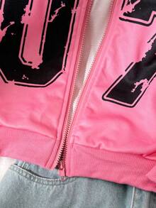 Tween Girls Casual Sports Jacket, Versatile Collegiate Style Bow & Number Graphic Raglan Sleeve Hooded Zip-Up Sweatshirt Fall Winter - Pink - View 3