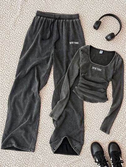 SHEIN Set de 2 piezas de camiseta de manga larga con cuello redondo y pantalón jogger casual con bordado de copos de nieve para adolescentes, adecuado para otoño/invierno