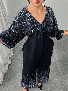 Modelyn 2pcs Plus Size Women Star Print V-Neck Top & Pants Set - Mint Blue - View 1
