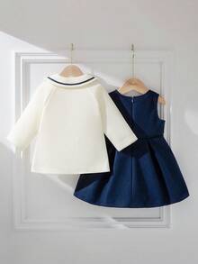 Souflis 2-Piece Set: Elegant Vintage French Style White Lapel Long Sleeve Coat & Navy Sleeveless Dress, Suitable For Party, School, Gathering And Other Occasions, Autumn/Winter 2025 New Arrival, Girls - Multicolor - View 2