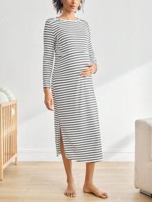 Camisón de maternidad de rayas, de cuello redondo, de manga larga, versátil con abertura, otoño - Rosa vieja - Ver 3