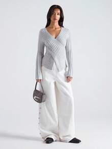 LYSMO 女士优雅纯色V领罗纹针织交叉毛衣 - 灰色 - 查看 7