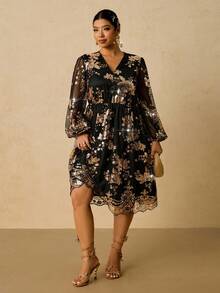 SHEIN VCAY Plus Size Sequin V-Neck Romantic Party Dress, Autumn/Winter Party Dress,Christmas - Black - View 4