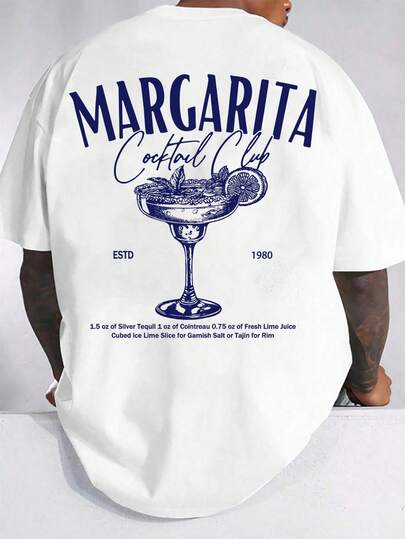 Manfinity RSRT Camiseta de manga corta de cuello redondo de verano informal para hombres talla grande con estampado tropical de alcohol y eslogan