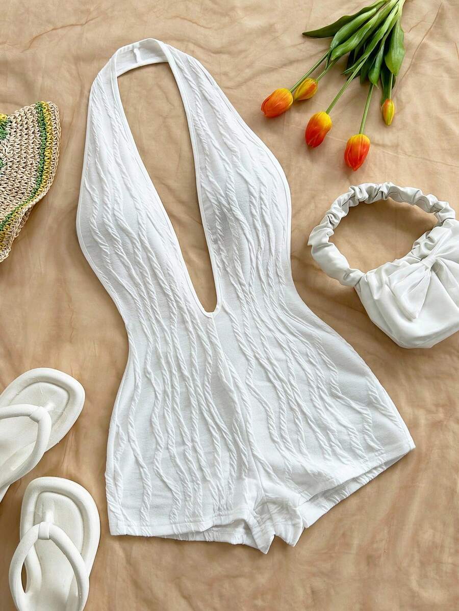 Soleia Women's Vacation White Knit Textured Wavy Pattern Deep V Neck Backless Sexy Bodysuit, Fashionable Fitted For Party, Date, Afternoon Tea, Boho Vacation, Beach, Summer Outfit, Beach Outfit For Women - White - View 1