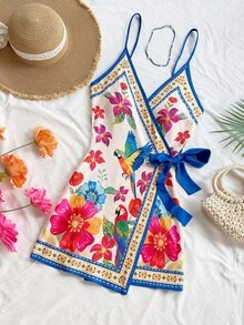 Soleia 女士热带元素椰子树棕榈叶细肩带迷你裹身裙 - 彩色 - 查看 5